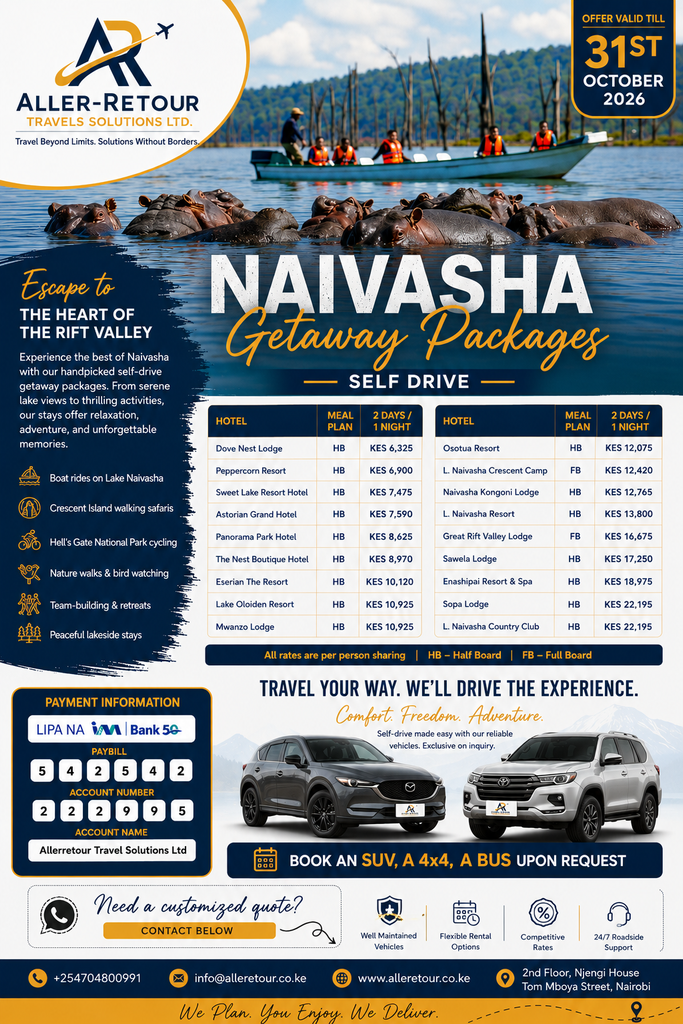 Escape to Naivasha with Aller-Retour Travel Solutions. Discover handpicked self-drive getaway packages featuring comfortable stays, Lake Naivasha experiences, Crescent Island, Hell’s Gate cycling, nature walks and more. Whether it’s a weekend escape, family holiday, romantic getaway or team retreat, we’ll help you find the right experience for your budget and travel dates.

Need something different? Get a customized Naivasha quote tailored to your dates, hotel, activities and budget.
Call or WhatsApp +254 704 800 991 | info@allerretour.co.ke